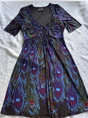 Muse Peacock-Feather Midi Dress in Purple, Blue and Black